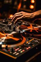 A close-up shot of a DJ's hands on the turntables, showcasing the technical skills and artistry involved in mixing music. Generative AI photo