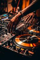 A close-up shot of a DJ's hands on the turntables, showcasing the technical skills and artistry involved in mixing music. Generative AI photo