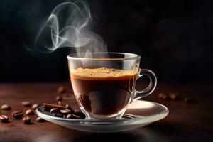 A close-up shot of a freshly brewed espresso, with steam rising from the cup, set against a dark background to showcase the rich color of the coffee. Generative AI photo