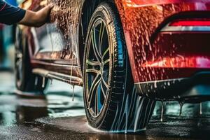 A close-up of a car tire being carefully cleaned and dressed by a detailer, showcasing the attention given to every aspect of the car during the wash. Generative AI photo