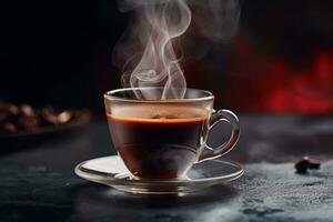 A close-up shot of a freshly brewed espresso, with steam rising from the cup, set against a dark background to showcase the rich color of the coffee. Generative AI photo