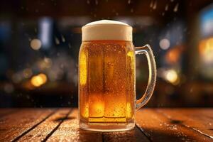 A close-up shot of a cold, frothy beer mug with condensation droplets on the outside, sitting on a wooden bar counter. Generative AI photo