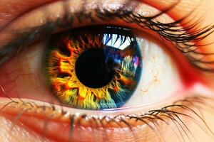 un de cerca de un de la persona ojo, con el iris hecho arriba de arco iris colores y un reflexión de un orgullo desfile en el alumno. generativo ai foto