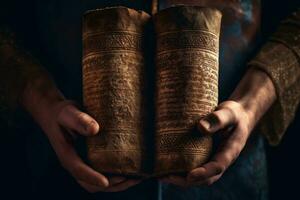 A close-up shot of a pair of hands holding a Torah scroll with a rich, textured background, evoking a sense of reverence and tradition.Generative AI photo