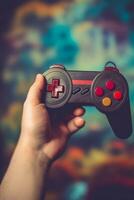 A close-up shot of a person hands holding a retro game controller, evoking the nostalgia of 90s video gaming. Generative Ai photo