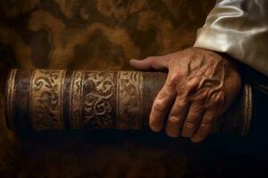 A close-up shot of a pair of hands holding a Torah scroll with a rich, textured background, evoking a sense of reverence and tradition.Generative AI photo