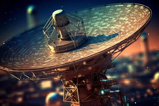 A close-up shot of a satellite dish receiving or transmitting signals, symbolizing global communication and connectivity. Generative Ai photo