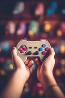 A close-up shot of a person hands holding a retro game controller, evoking the nostalgia of 90s video gaming. Generative Ai photo