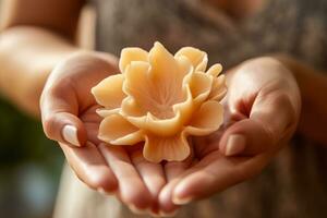 A close-up shot of a woman's hands holding a flower-shaped wax shaving product, highlighting the connection between femininity, nature, and personal grooming. Generative Ai photo