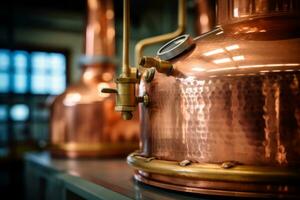A close-up shot of a vintage copper still used for moonshine production, showcasing the craftsmanship and history behind the process. Generative Ai photo
