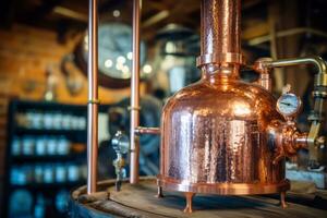 A close-up shot of a vintage copper still used for moonshine production, showcasing the craftsmanship and history behind the process. Generative Ai photo