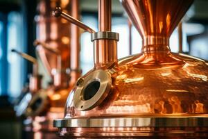 A close-up shot of a vintage copper still used for moonshine production, showcasing the craftsmanship and history behind the process. Generative Ai photo