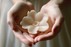 A close-up shot of a woman's hands holding a flower-shaped wax shaving product, highlighting the connection between femininity, nature, and personal grooming. Generative Ai photo