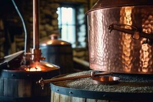 A close-up shot of a vintage copper still used for moonshine production, showcasing the craftsmanship and history behind the process. Generative Ai photo