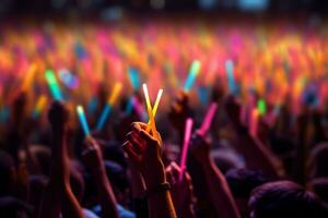 A close-up shot of hands holding glow sticks in the air at a rave party with a blurry crowd of people dancing in the background. Generative Ai photo