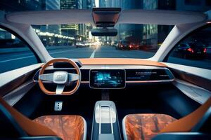 A close-up shot of the self-driving car's interior, showcasing the advanced dashboard display and comfortable seating. Concept convenience and comfort that self-driving cars can offer. Generative AI photo