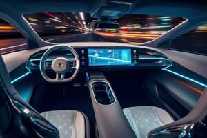 A close-up shot of the self-driving car's interior, showcasing the advanced dashboard display and comfortable seating. Concept convenience and comfort that self-driving cars can offer. Generative AI photo