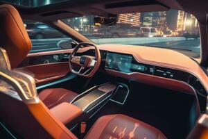 A close-up shot of the self-driving car's interior, showcasing the advanced dashboard display and comfortable seating. Concept convenience and comfort that self-driving cars can offer. Generative AI photo