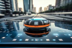 Shot of the self-driving car's sensors and cameras, highlighting the advanced technology that enables autonomous driving. Concept precision and accuracy in self-driving car technology. Generative AI photo