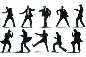 A composite illustration featuring a secret agent in multiple action poses, showcasing their versatility in combat, stealth, and intelligence gathering. Generative Ai photo