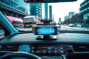 Shot of the self-driving car's sensors and cameras, highlighting the advanced technology that enables autonomous driving. Concept precision and accuracy in self-driving car technology. Generative AI photo