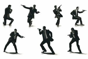 A composite illustration featuring a secret agent in multiple action poses, showcasing their versatility in combat, stealth, and intelligence gathering. Generative Ai photo