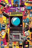 A collage of 80s pop culture icons such as arcade games, boomboxes, Rubik's cubes, and VHS tapes, capturing the nostalgia of the era.Generative AI photo