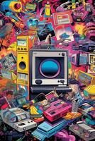 un collage de Años 80 popular cultura íconos tal como arcada juegos, radiocasetes, de rubik cubitos, y vhs cintas, capturar el nostalgia de el era.generativa ai foto