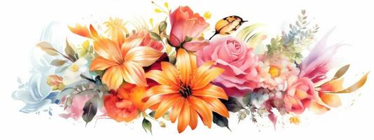 A colorful banner featuring a vibrant bouquet of flowers, including roses, lilies, daisies, and tulips, arranged in an elegant and artistic composition. Generative AI photo