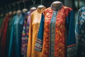 un vistoso sedaao dai, el tradicional vietnamita sayo vestir desgastado por mujer. atención en el elegante vestidos ese son cuidadosamente hecho a mano y pasado abajo mediante generaciones generativo ai foto