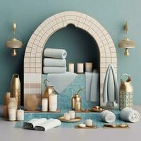 traditional Moroccan spa room, with mosaic tiles, decorative arches, and spa accessories, promoting relaxation and wellness. Generative Ai photo