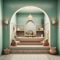 traditional Moroccan spa room, with mosaic tiles, decorative arches, and spa accessories, promoting relaxation and wellness. Generative Ai photo