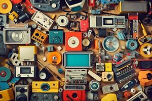 A collage of retro objects such as cassette tapes, floppy disks, and vintage electronics, creating a nostalgic atmosphere. Generative AI photo