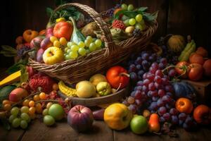 Cornucopia overflowing with seasonal fruits and vegetables. The scene set in with a rustic basket adding to the harvest theme. Generative AI photo