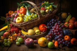 cuerno de la abundancia desbordante con estacional frutas y vegetales. el escena conjunto en con un rústico cesta agregando a el cosecha tema. generativo ai foto