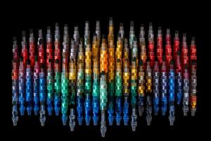 A composition of multiple vials filled with colorful vaccines, arranged in a symmetrical pattern, highlighting the efficiency and scale of production. Generative AI photo