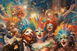 A group of people wearing Venetian Carnival Masks, engaging in a lively celebration, conveying the joy and festive atmosphere of the carnival. Generative Ai photo