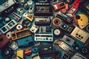 A collage of retro objects such as cassette tapes, floppy disks, and vintage electronics, creating a nostalgic atmosphere. Generative AI photo