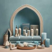 traditional Moroccan spa room, with mosaic tiles, decorative arches, and spa accessories, promoting relaxation and wellness. Generative Ai photo