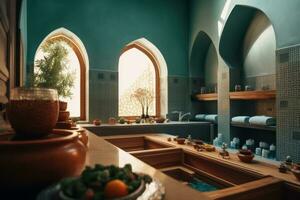 Traditional Moroccan hammam , with mosaic tiles, decorative arches, and spa accessories, promoting relaxation and wellness. Generative AI photo