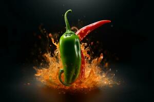 un creativo concepto de un jalapeño pimienta con un ardiente explosión de llamas muy lleno fuera desde él, simbolizando sus intenso calor y sabor, ideal para negrita y llamativo anuncio campañas generativo ai foto