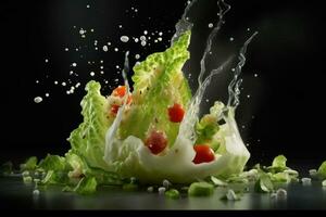 A dynamic image capturing the process of tossing an iceberg salad in a bowl. The motion of the salad ingredients creates a sense of energy and freshness. Generative AI photo