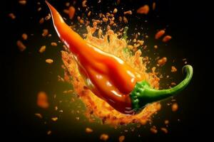 A creative concept of a jalapeno pepper with a fiery explosion of flames bursting out from it, symbolizing its intense heat and flavor, ideal for bold and eye-catching ad campaigns. Generative AI photo