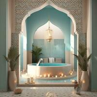traditional Moroccan spa room, with mosaic tiles, decorative arches, and spa accessories, promoting relaxation and wellness. Generative Ai photo