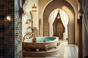 Traditional Moroccan hammam , with mosaic tiles, decorative arches, and spa accessories, promoting relaxation and wellness. Generative AI photo