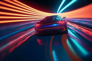 High speed Car on a racetrack, with a trail of neon lights following its path, symbolizing speed, performance, and a futuristic aesthetic. Generative AI photo