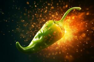 A creative concept of a jalapeno pepper with a fiery explosion of flames bursting out from it, symbolizing its intense heat and flavor, ideal for bold and eye-catching ad campaigns. Generative AI photo