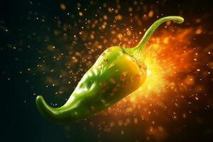 A creative concept of a jalapeno pepper with a fiery explosion of flames bursting out from it, symbolizing its intense heat and flavor, ideal for bold and eye-catching ad campaigns. Generative AI photo