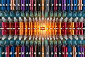 A composition of multiple vials filled with colorful vaccines, arranged in a symmetrical pattern, highlighting the efficiency and scale of production. Generative AI photo