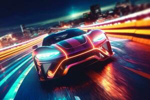 High speed Car on a racetrack, with a trail of neon lights following its path, symbolizing speed, performance, and a futuristic aesthetic. Generative AI photo